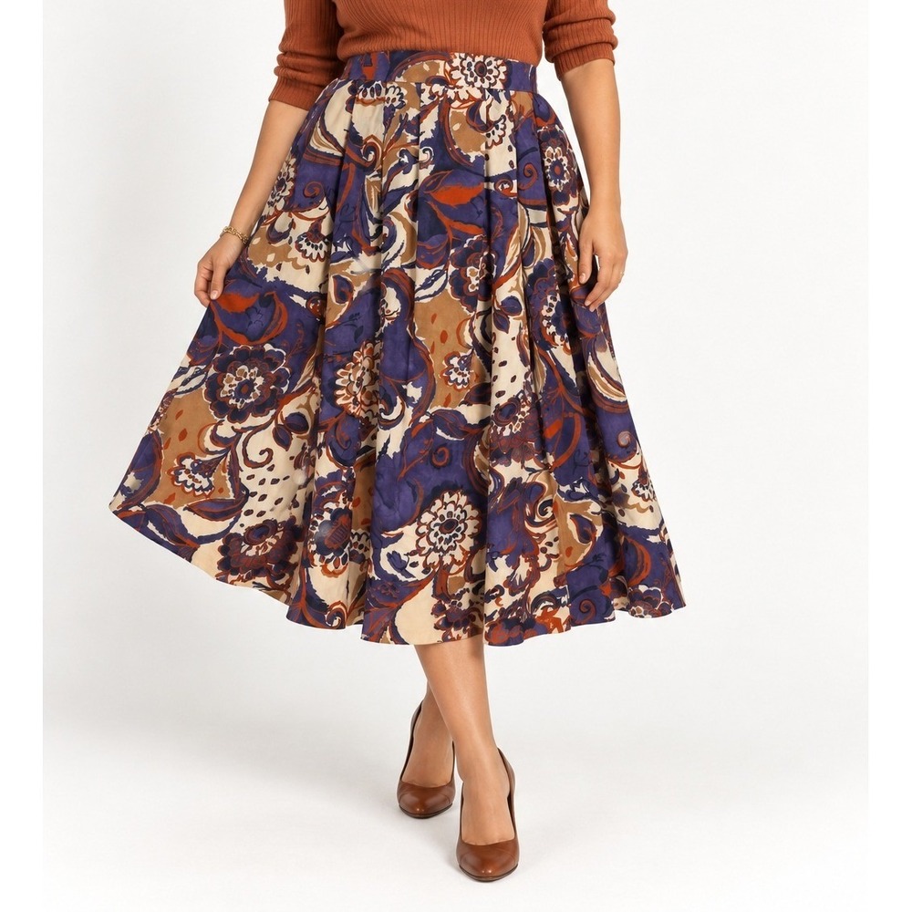 Lilli Ann Collections Vintage Floral Paisley Rayon Midi Skirt Purple Orange 18